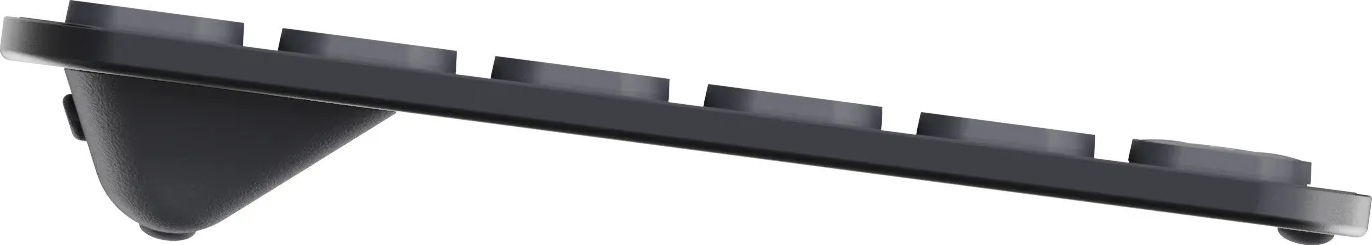 Seitenansicht einer schwarzen Tastatur. Die Tasten sind sichtbar, Tastatur ist geneigt.