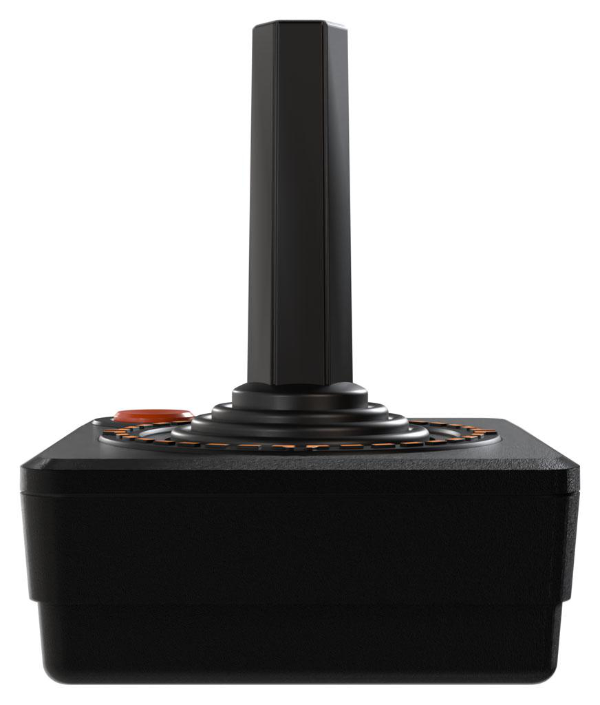 Schwarzer Joystick mit rotem Knopf oben, auf weißem Hintergrund.