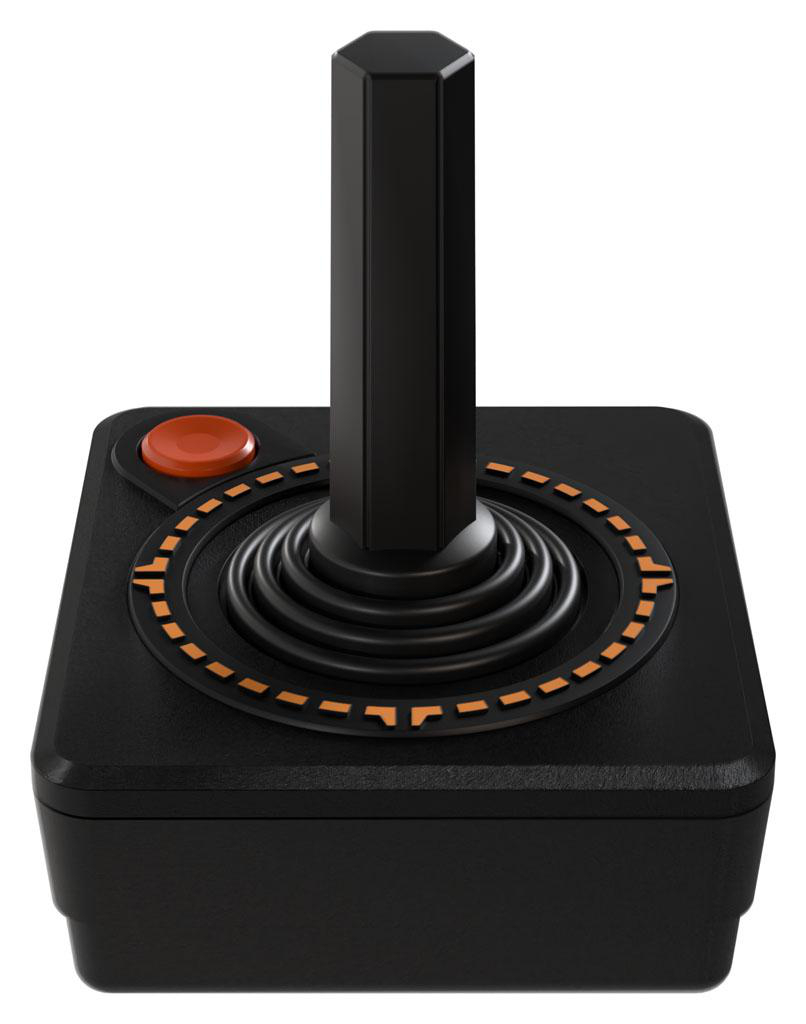 Schwarzer Atari-Joystick mit roter Taste und orangefarbenen Details.