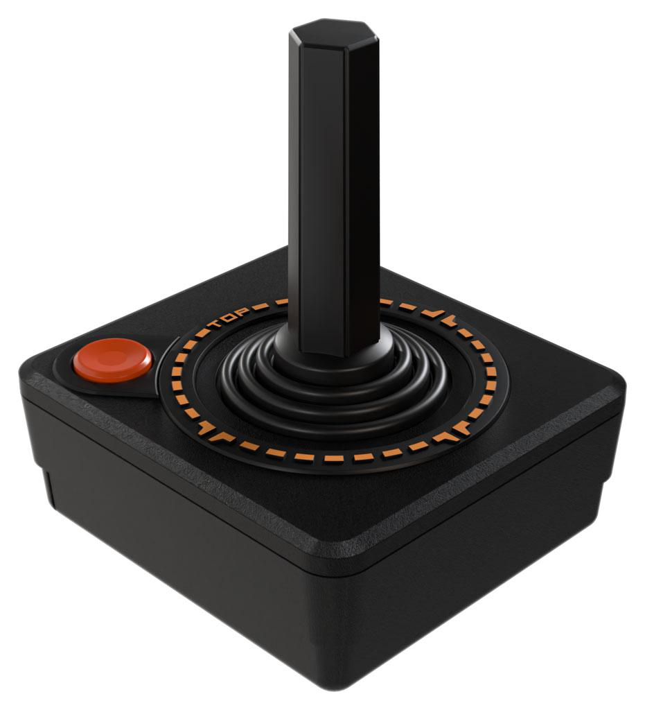 Schwarzer Joystick mit orangefarbener Taste und schwarzem Knüppel. Die Basis ist quadratisch.