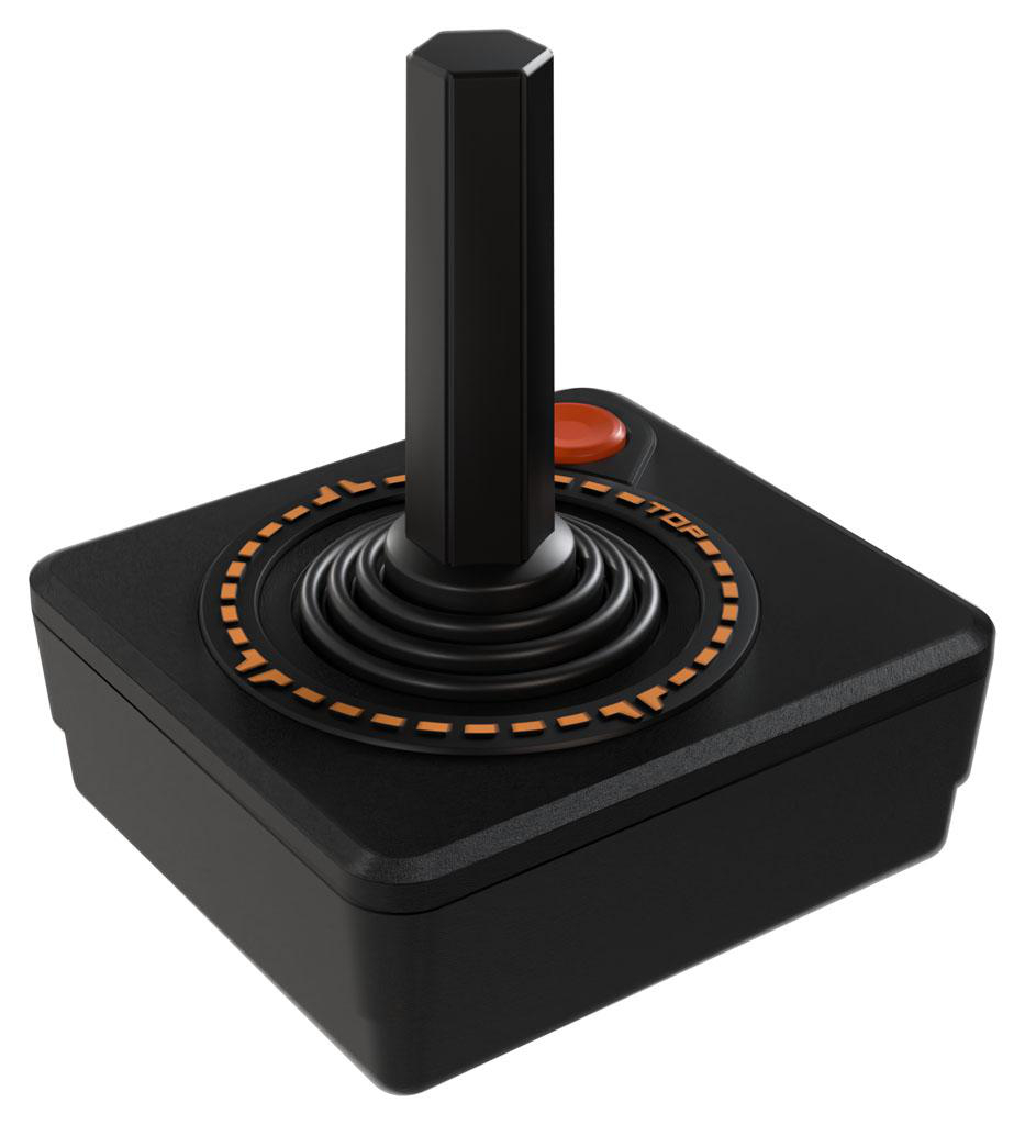 Schwarzer Joystick mit rotem Knopf und orangefarbenen Kreildetails.