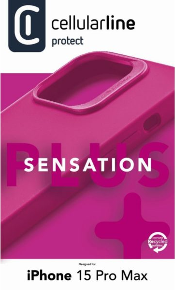 Coque de téléphone rose avec texte blanc 'SENSATION PLUS' et logo.