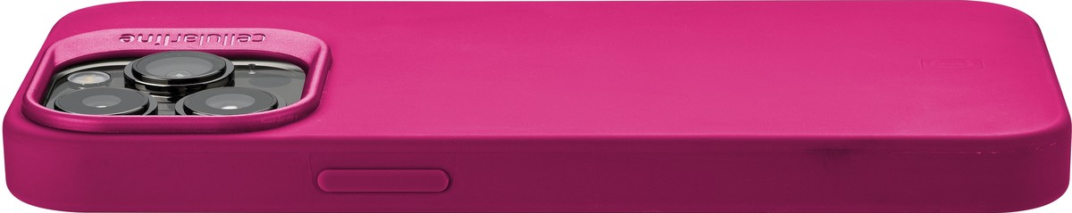 Une coque de téléphone magenta avec une bosse pour la caméra et un bouton. Fond blanc uni.