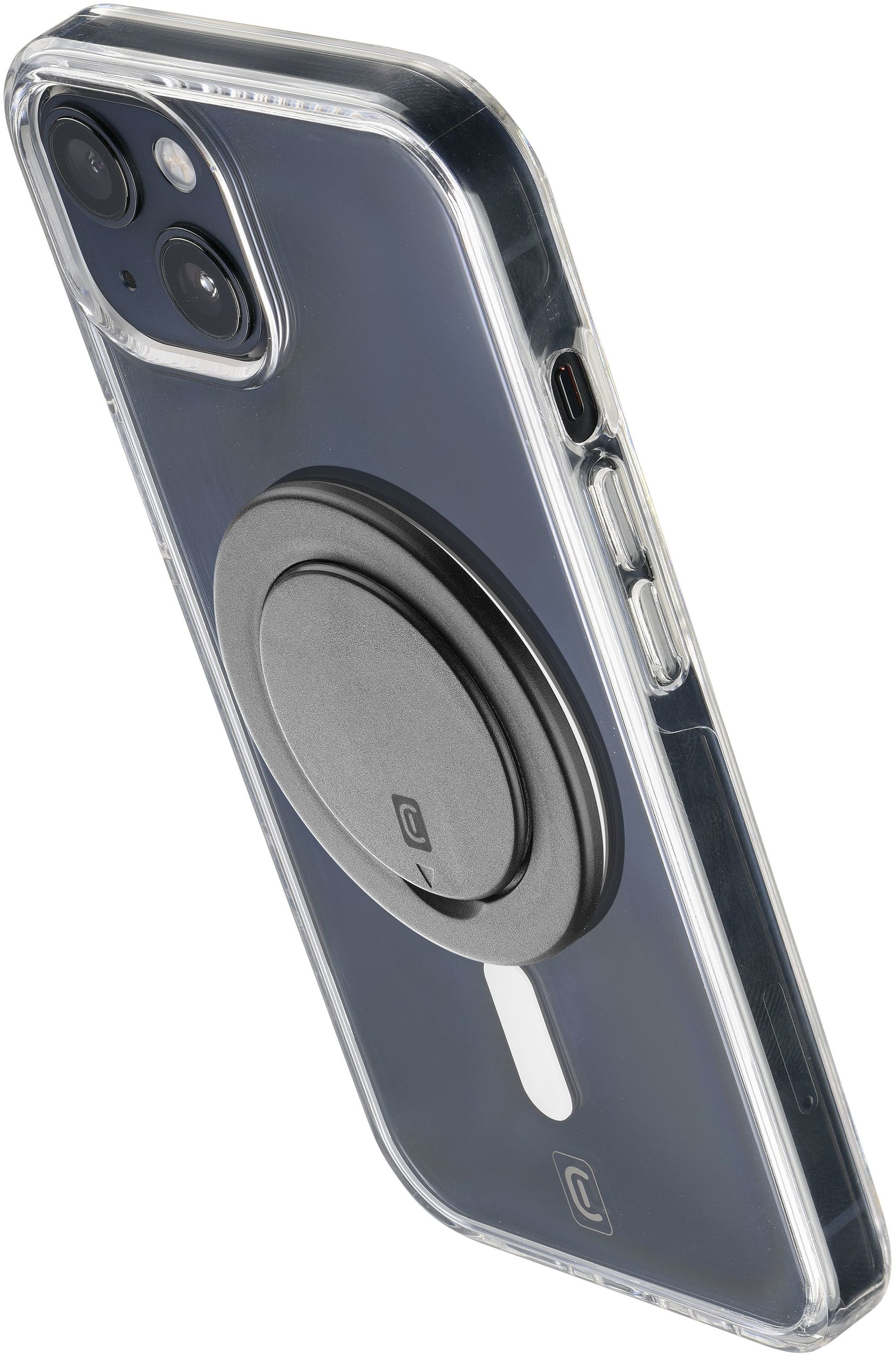 Coque de téléphone transparente avec anneau magnétique attaché. Vue en angle.