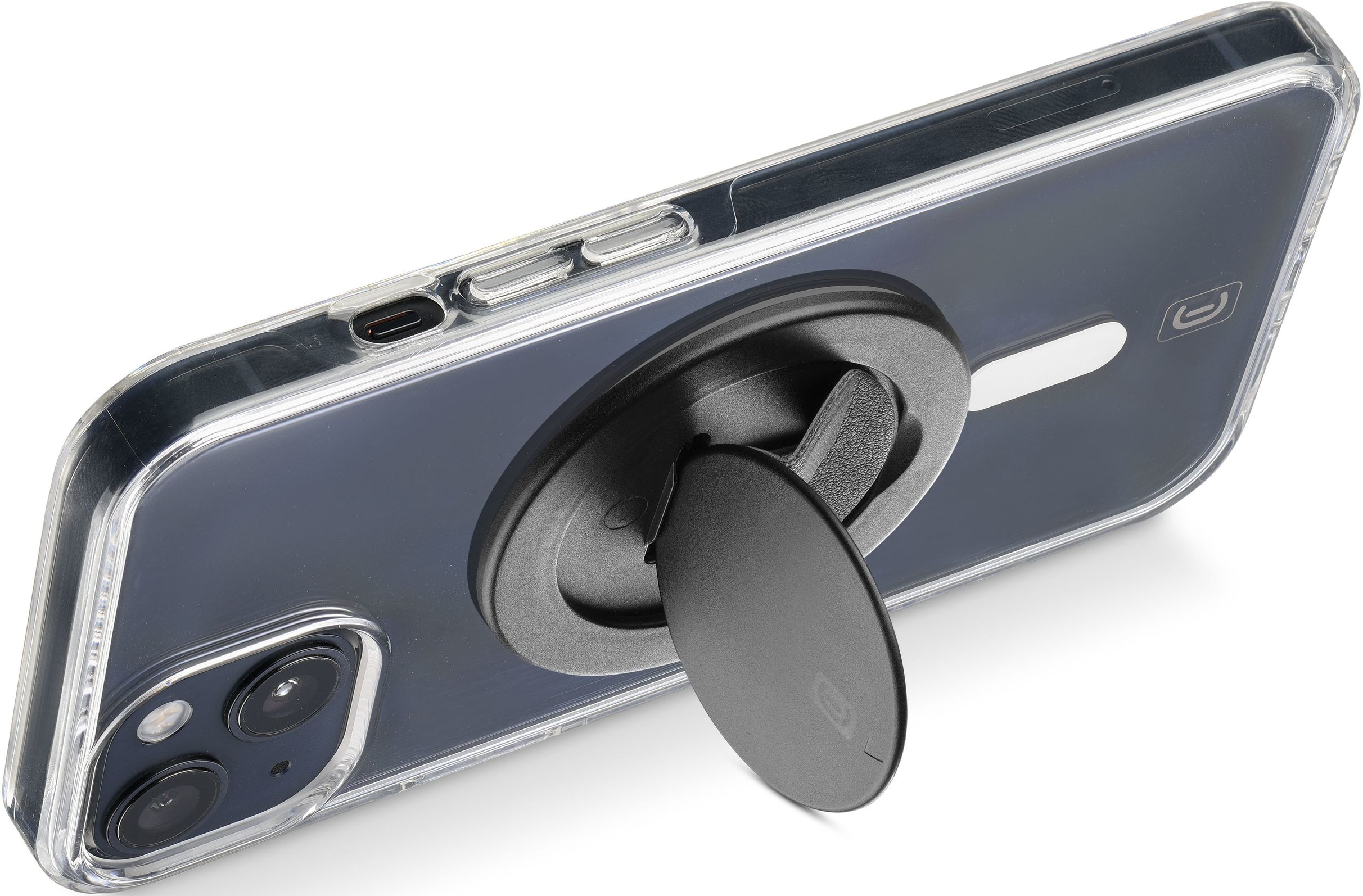 Un téléphone dans un étui transparent avec un support attaché.