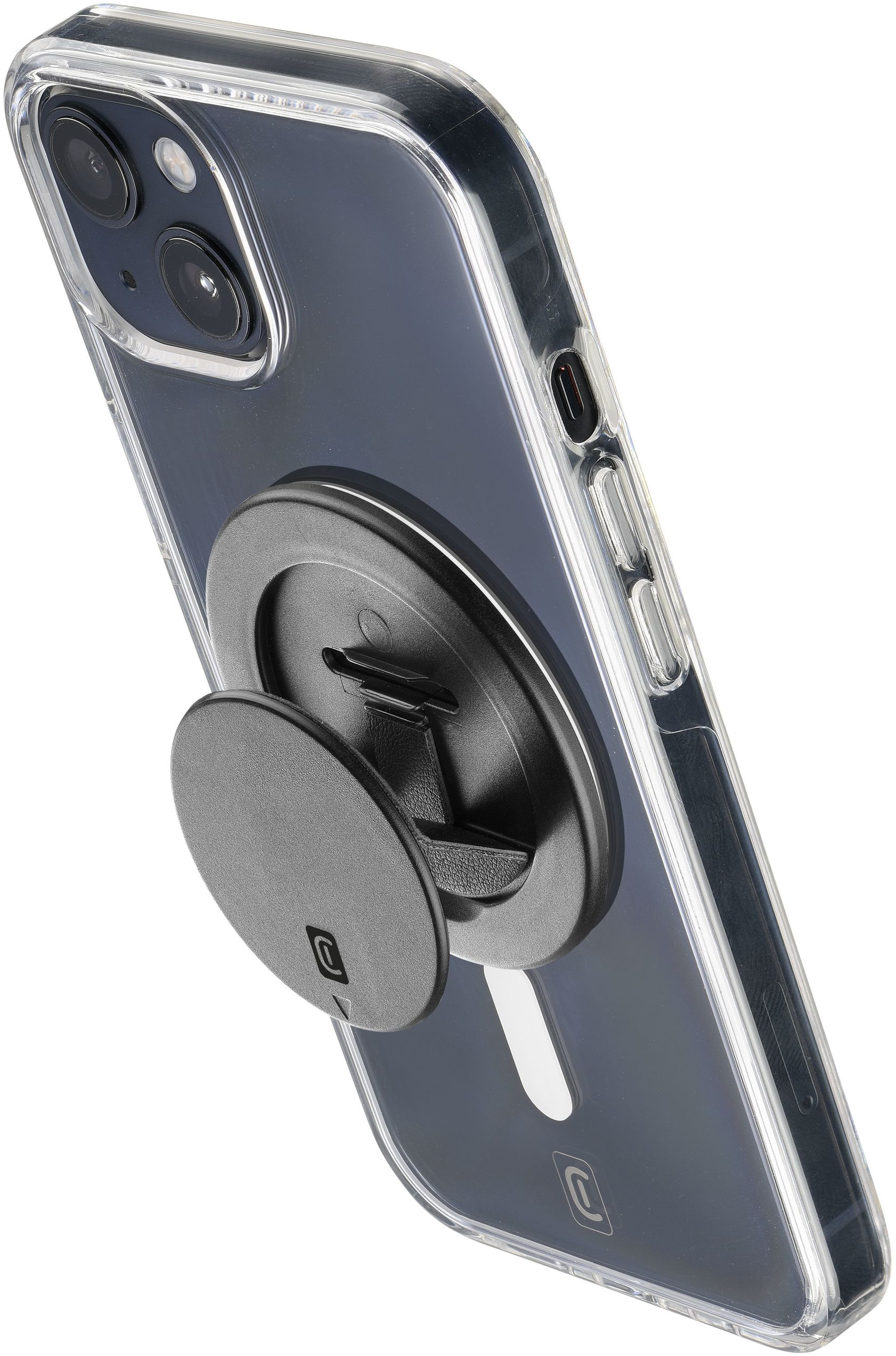 Coque de téléphone transparente avec un anneau magnétique noir à l'arrière.