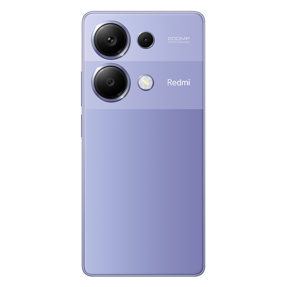 Üç kamerası ve Redmi logosu olan mor bir akıllı telefon. 200MP kameraya sahip.
