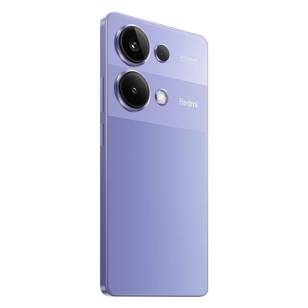 Üç kameralı ve Redmi logolu mor bir akıllı telefon.