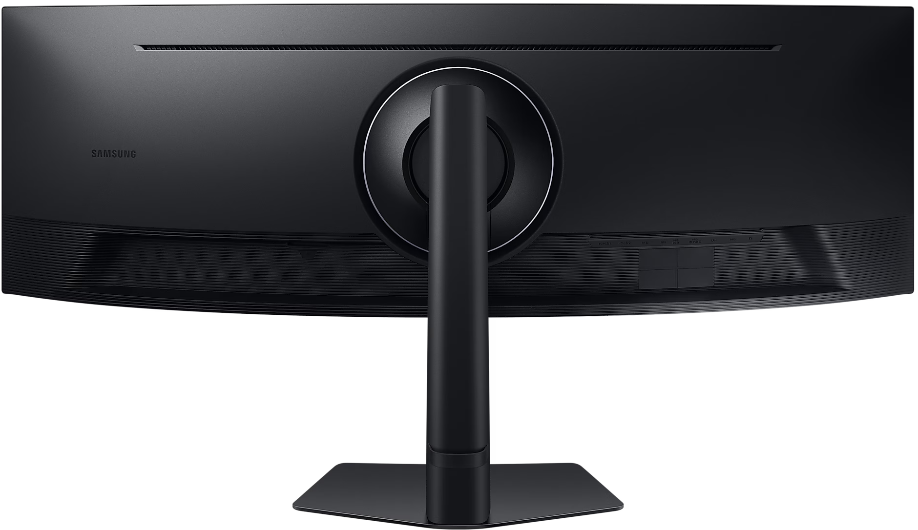 Schwarze Monitorrückseite mit zentralem Ständer und Anschlüssen.