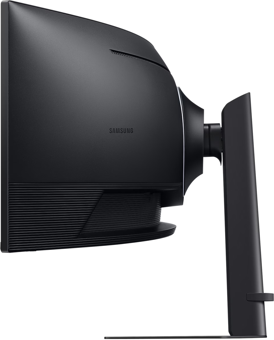 Ein schwarzer Samsung Monitor, Seitenansicht. Der Ständer des Monitors ist sichtbar. Das Samsung-Logo befindet sich seitlich.