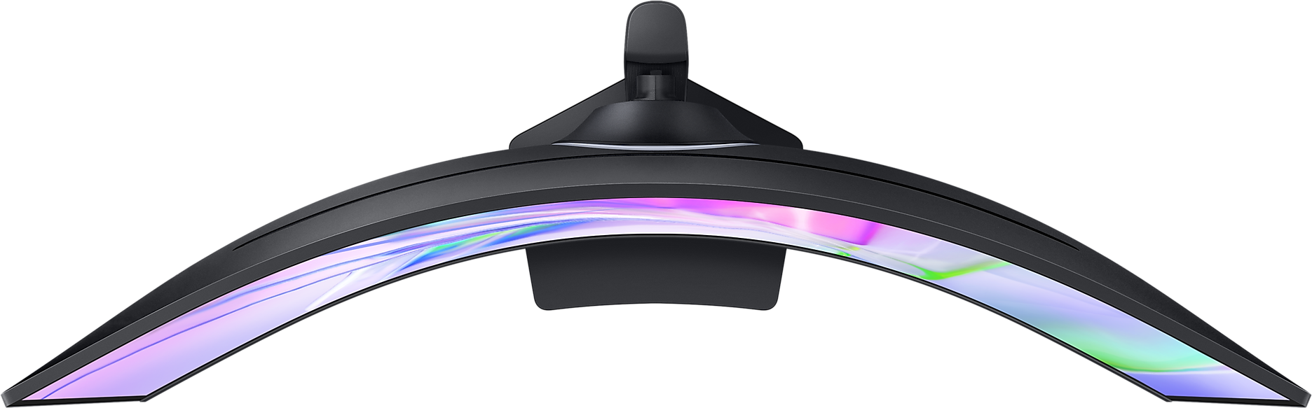 Gebogener schwarzer Computermonitor mit bunten Lichtern.