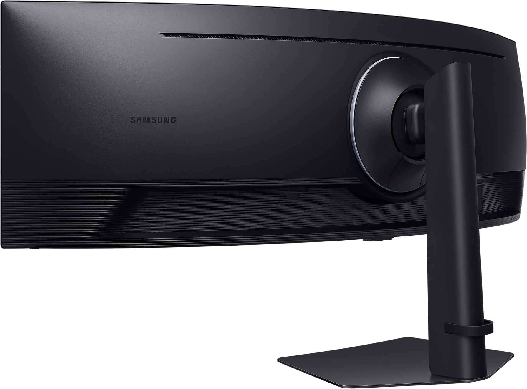 Die Rückseite eines gekrümmten Samsung-Monitors, die den Ständer und das Samsung-Logo zeigt.