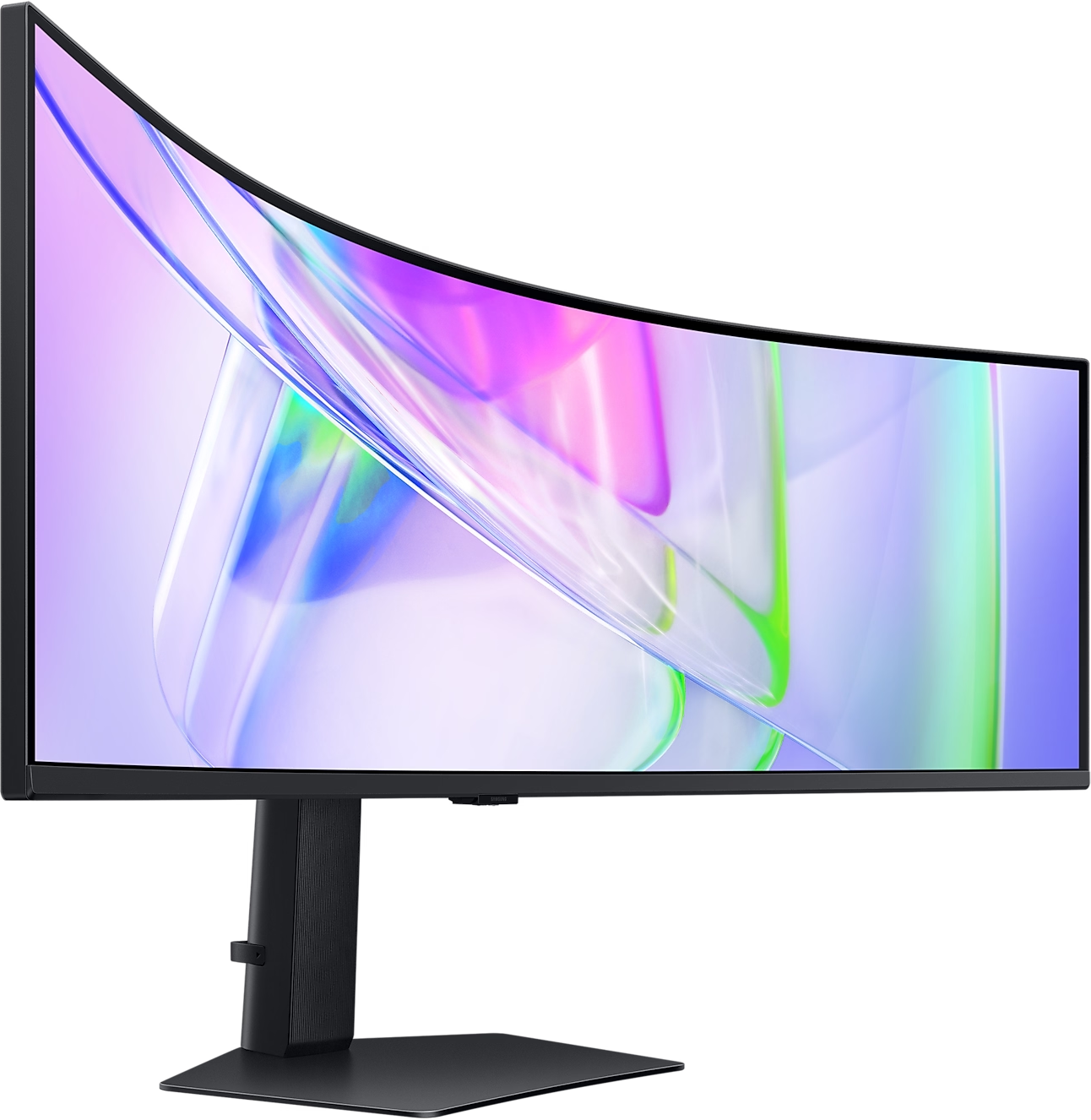 Gebogener Computermonitor mit farbenfrohem abstraktem Bild auf schwarzem Ständer.