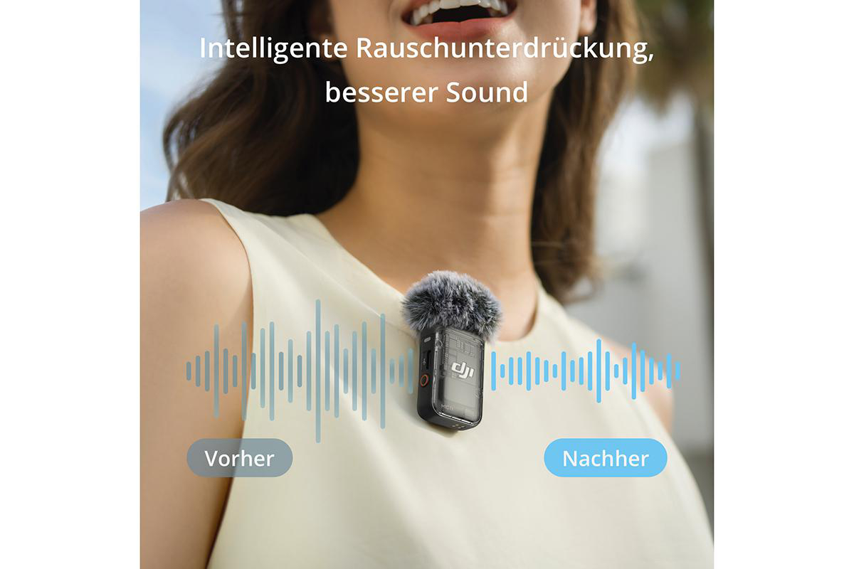Person mit kleinem Mikrofon an ihrem Hemd. Schallwellen werden angezeigt.