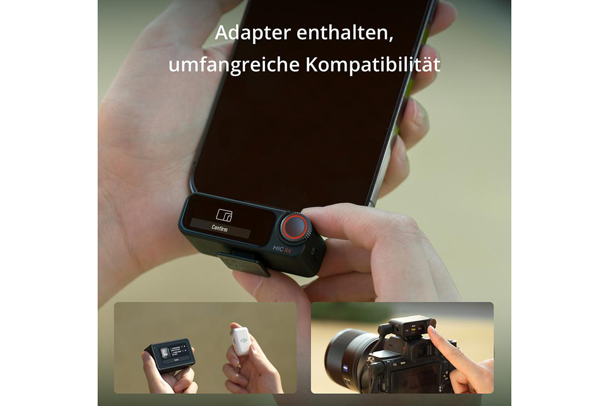 Eine Person, die ein Mikrofon mit Telefon und Kamera verwendet, mit Text darüber.