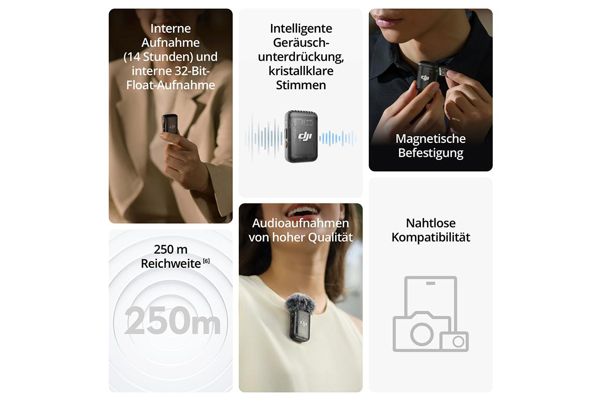 Mehrere Bilder zeigen ein drahtloses Mikrofon und seine Funktionen: interne Aufnahme, klarer Ton und große Reichweite.
