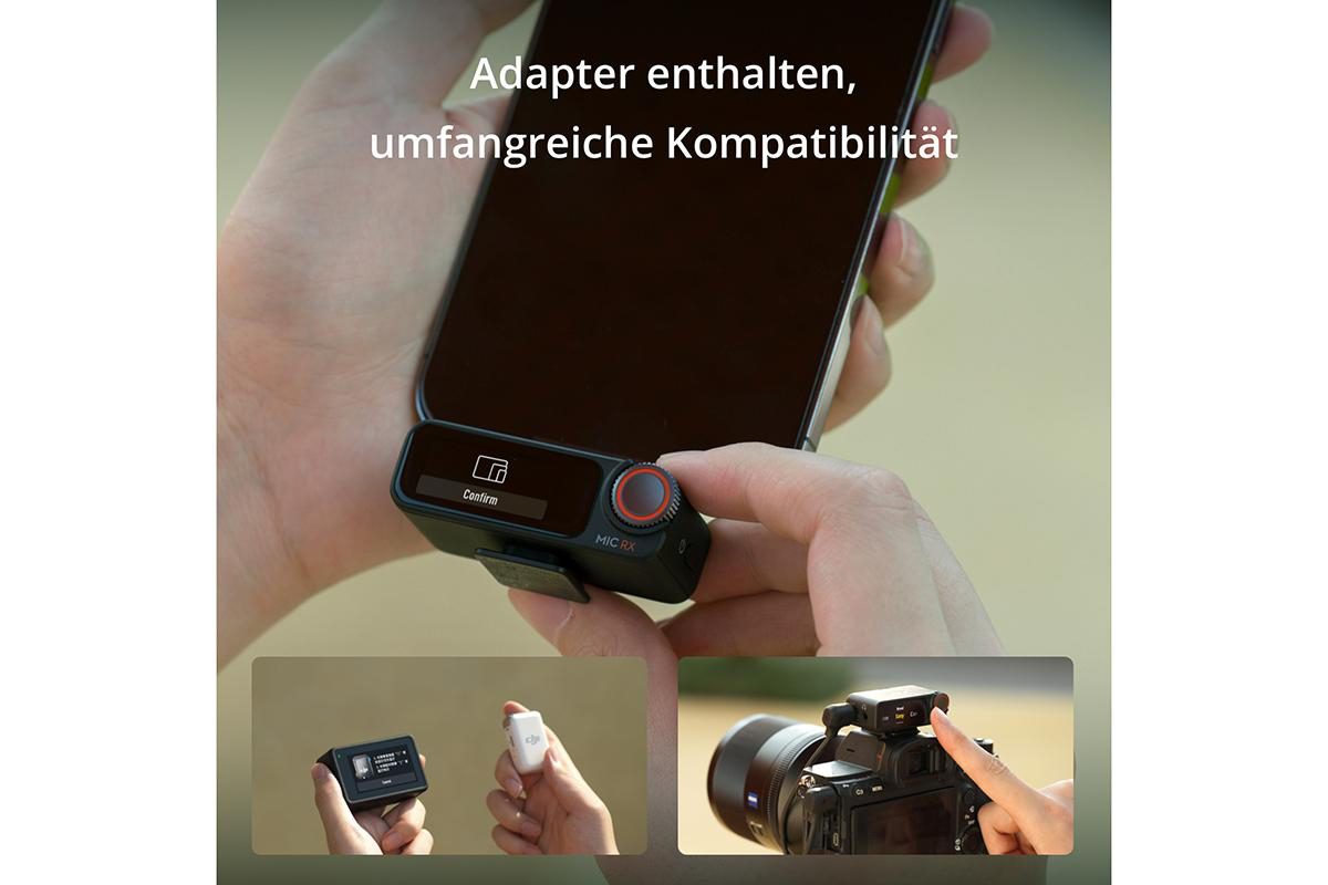 Hände halten ein schwarzes Mikrofon und anderes Zubehör.