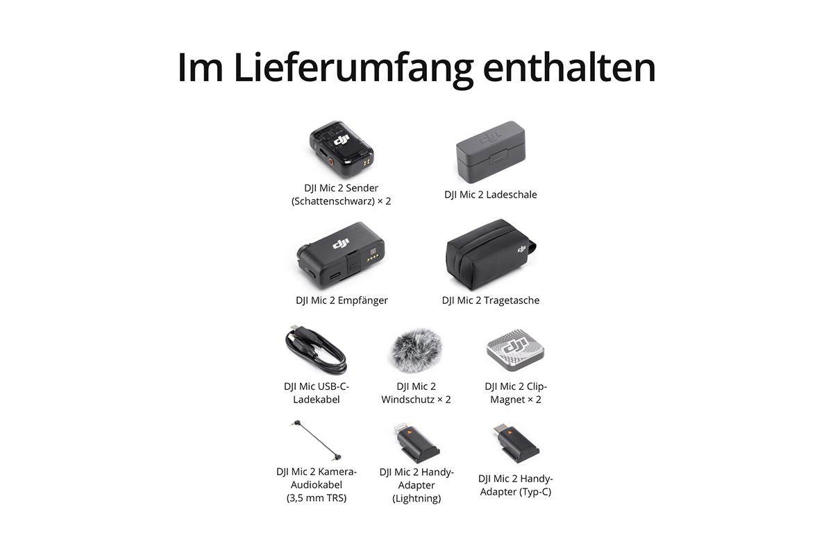 DJI Mic 2 Set-Inhalt. Enthält Empfänger, Sender, Ladecase und Zubehör.