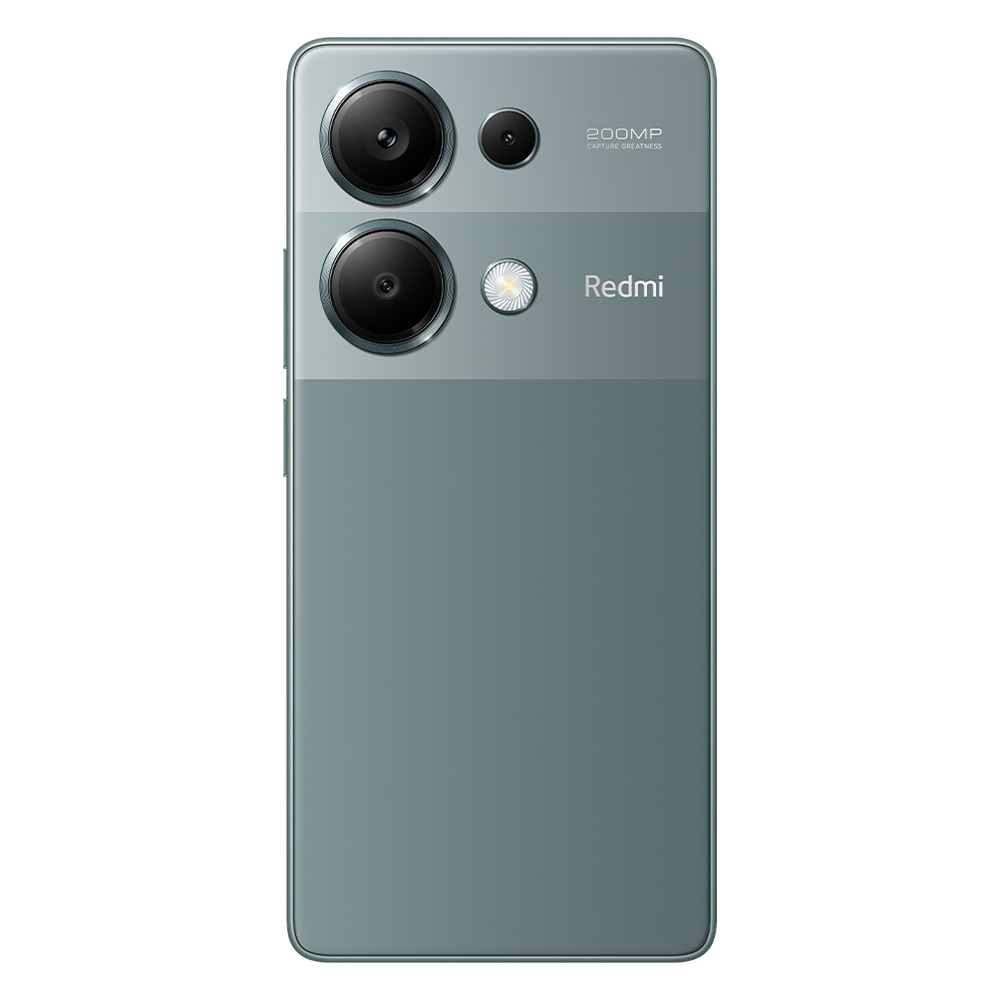 Redmi telefon, arka görünüm. İki büyük ve bir küçük kamera lensi. Gri renk.