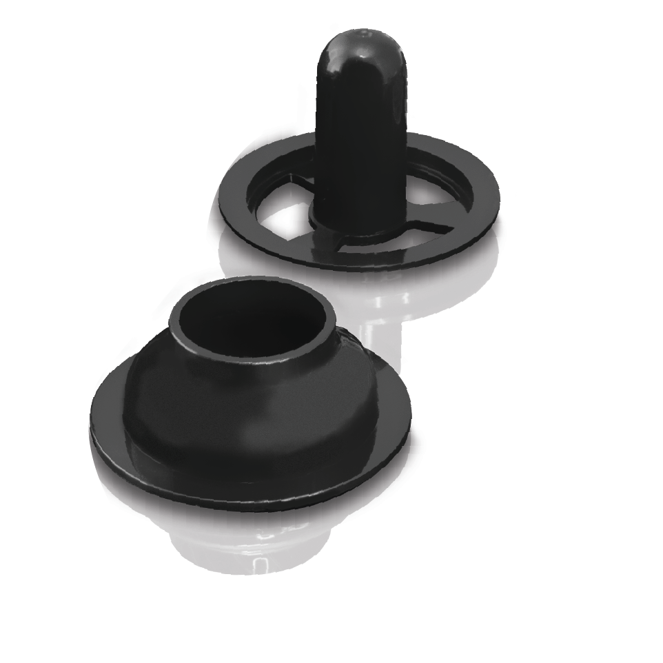 Zwei schwarze Kunststoffteile, ein Ring und ein Zylinder, für ein nicht spezifiziertes Gerät.