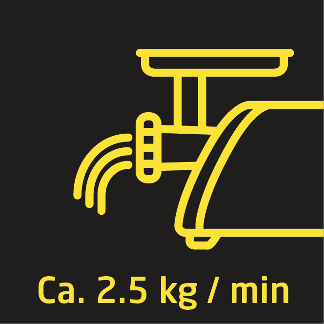Gelbes, stilisiertes Symbol eines Fleischwolfs. Text: 'Ca. 2,5 kg / min' auf schwarzem Hintergrund.