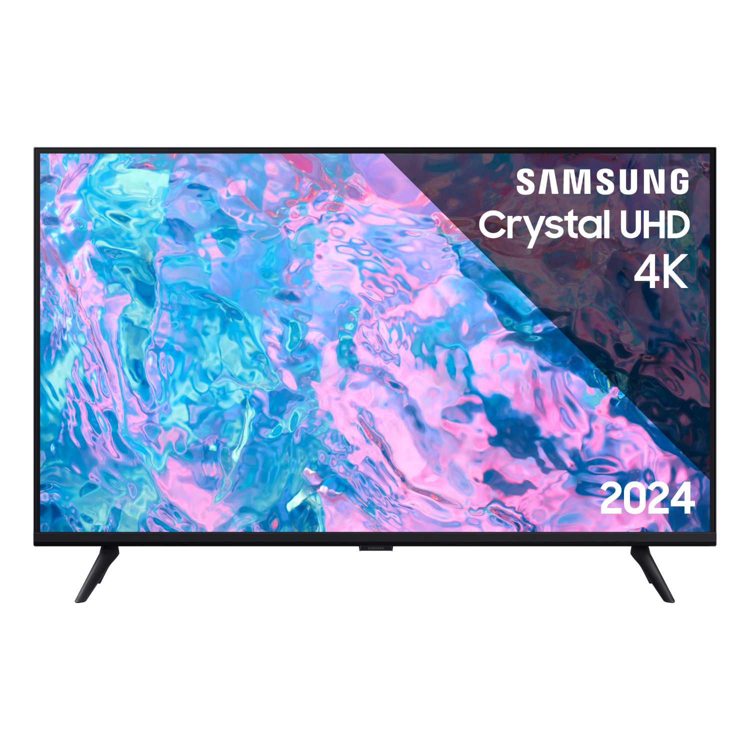Zwarte tv met een Samsung Crystal UHD 4K-scherm, met een kleurrijk beeld, met '2024' onderaan.