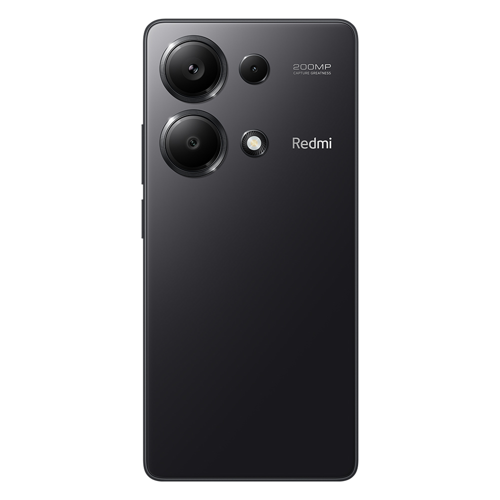 Siyah bir akıllı telefonun arkası, üç mercek ve Redmi logosuyla, beyaz zemin üzerinde.