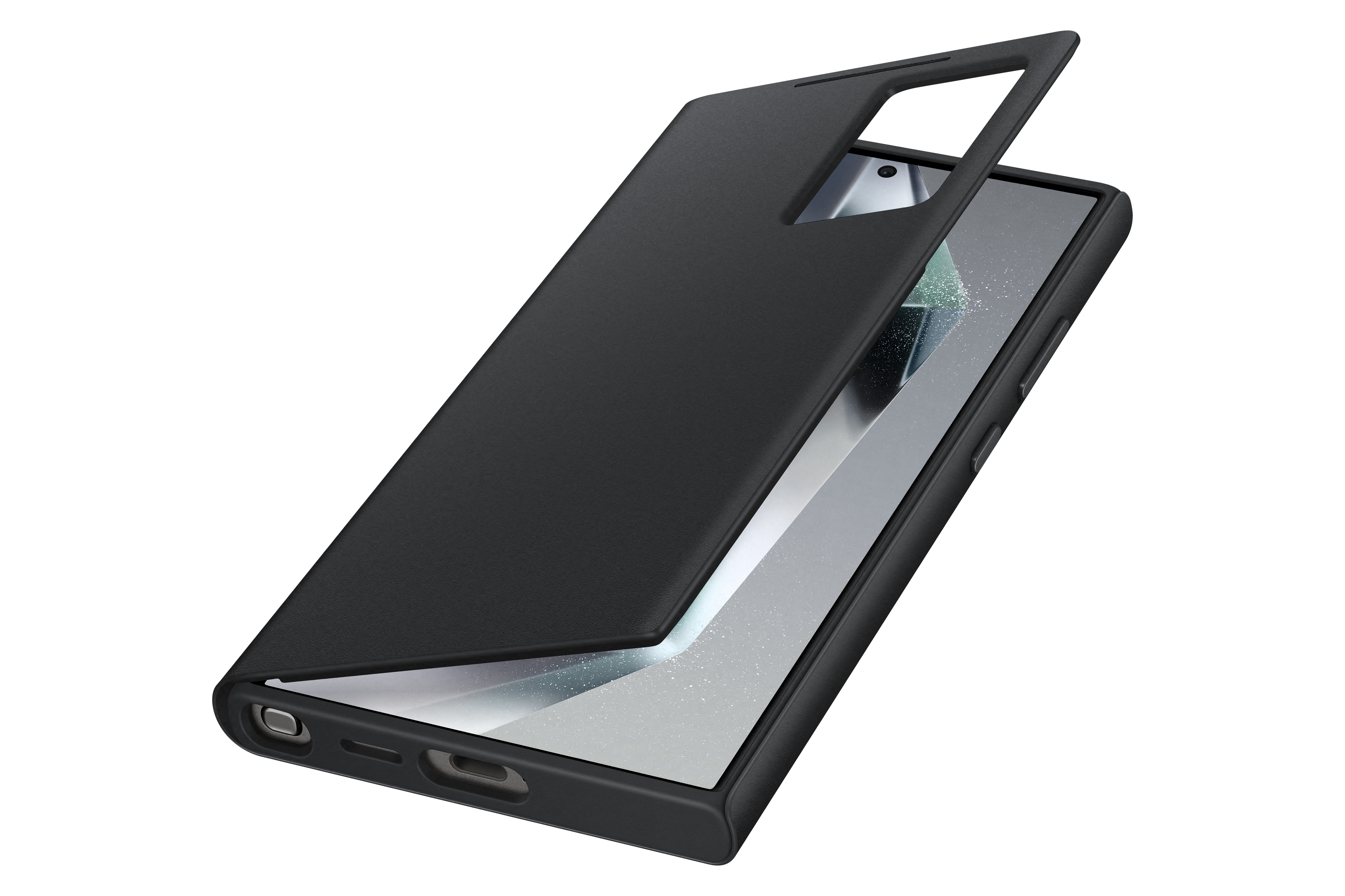 Schwarzes Telefon, auf das eine Hülle gelegt wird, wobei die Rückseite und die Hülle des Telefons zu sehen sind.