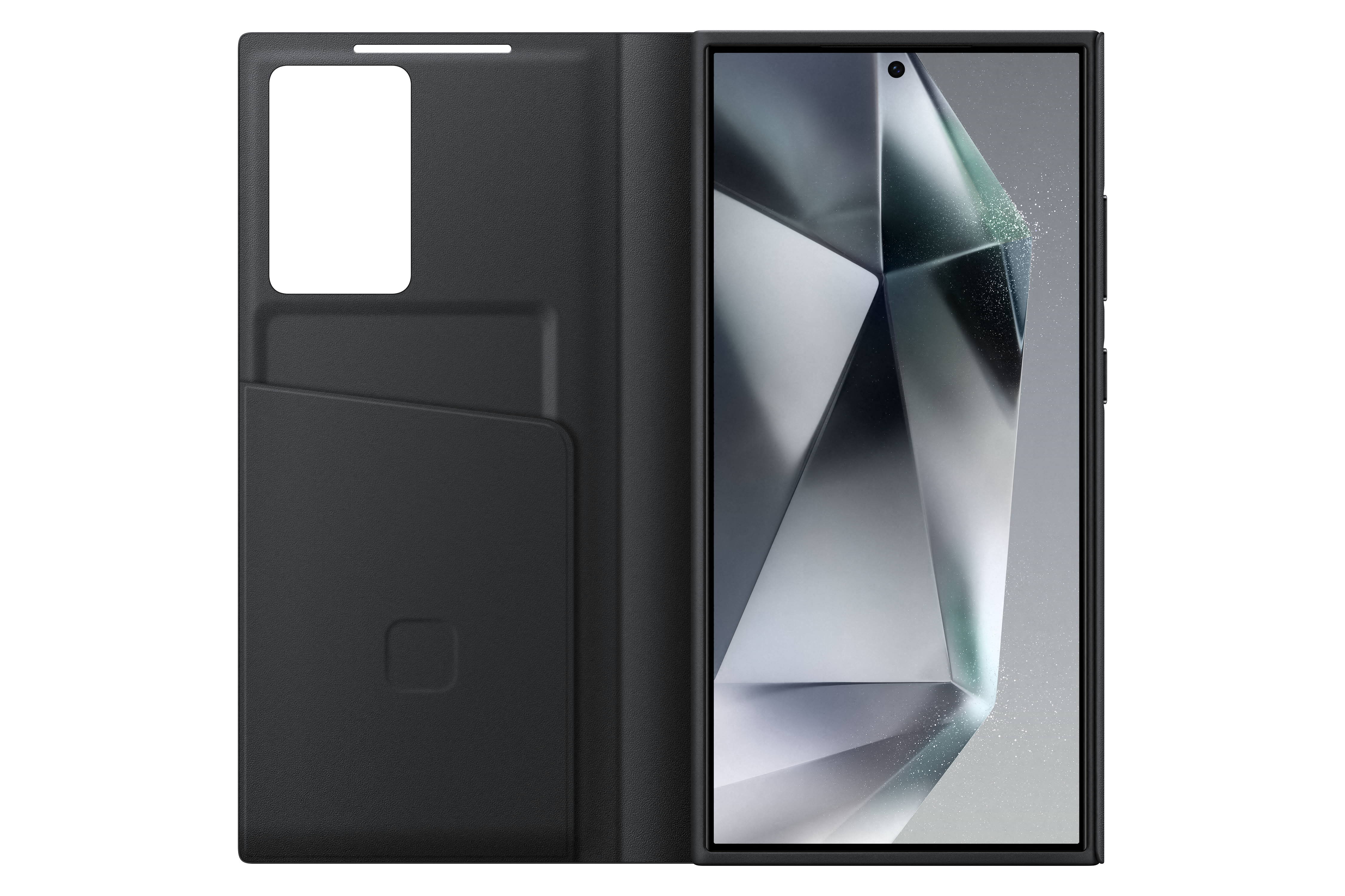 Schwarze Handyhülle, geöffnet, zeigt ein Handy mit geometrischem Design auf dem Bildschirm.