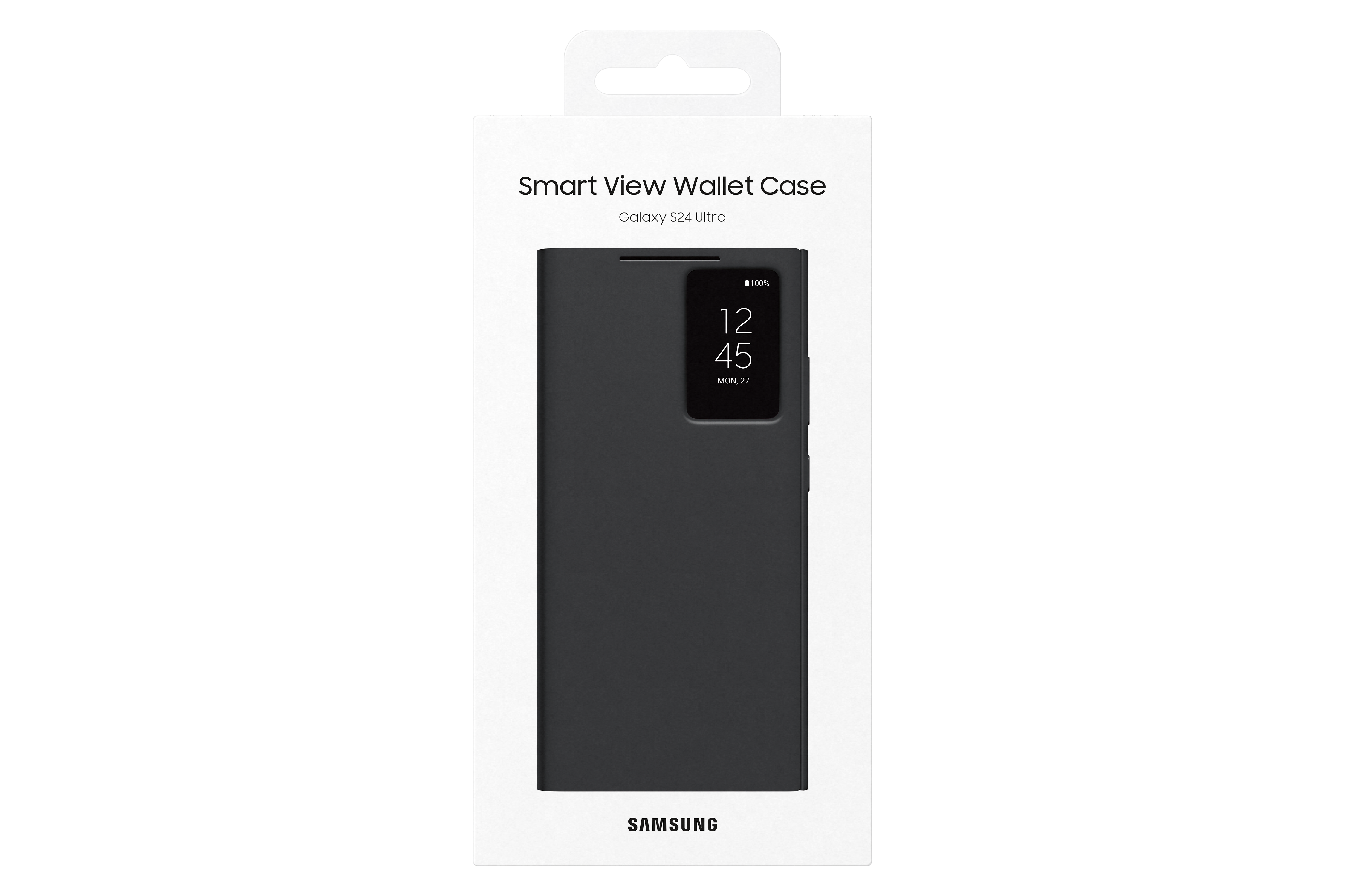 Handy-Hüllenbox, schwarz. Es hat einen Bildschirm mit Uhrzeit und Datum. Das Samsung-Logo ist unten.