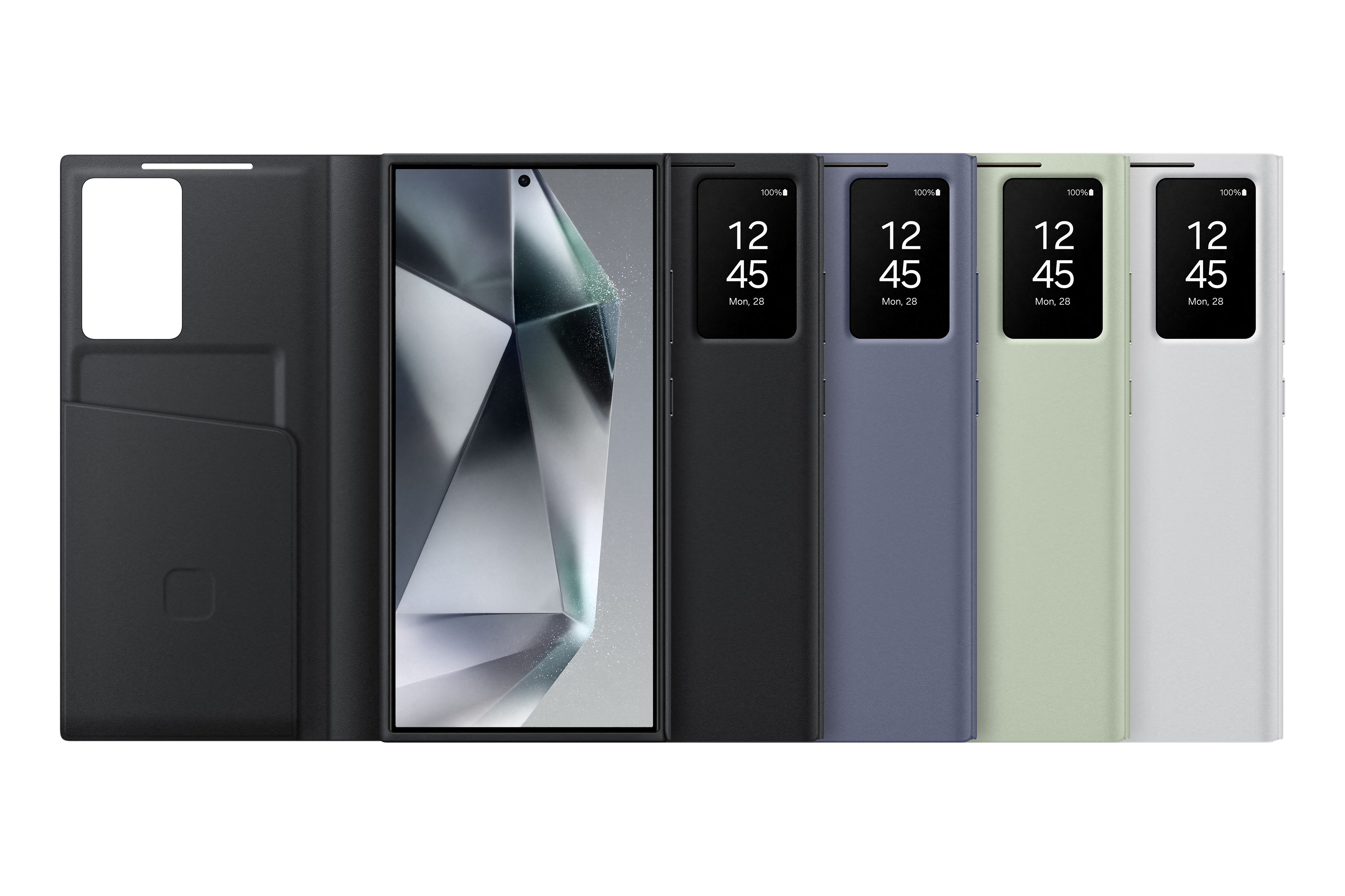 Telefon in einer Hülle, verschiedene Farben werden angezeigt. Weißer Hintergrund.