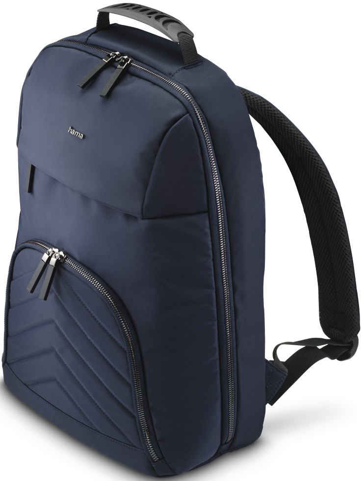 Ein marineblauer Rucksack mit mehreren Fächern und einem Griff oben.