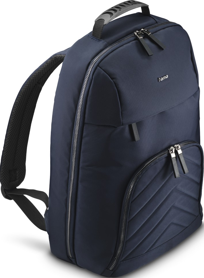 Ein marineblauer Rucksack mit mehreren Reißverschlüssen. Weißer Hintergrund.