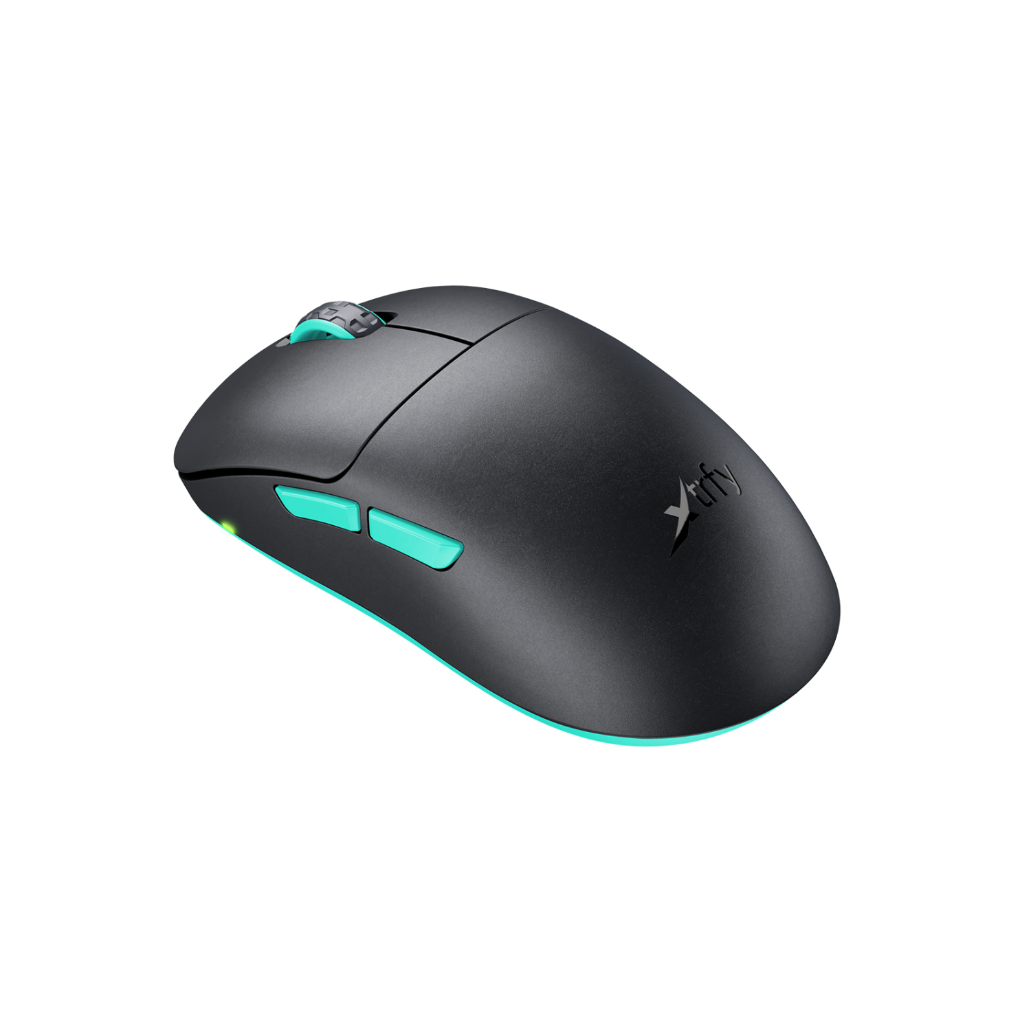 Black gaming mouse with turquoise accents and a logo on a black background.
