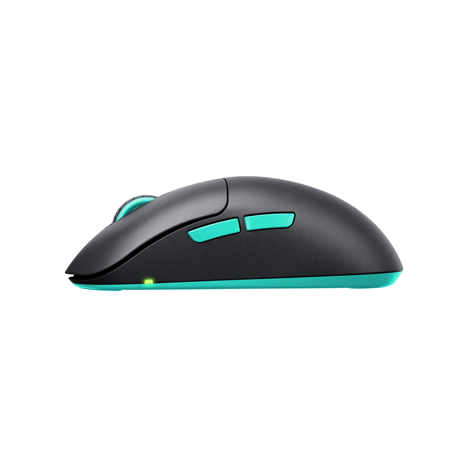 Black and teal mouse, side view, with teal buttons and a green light.
