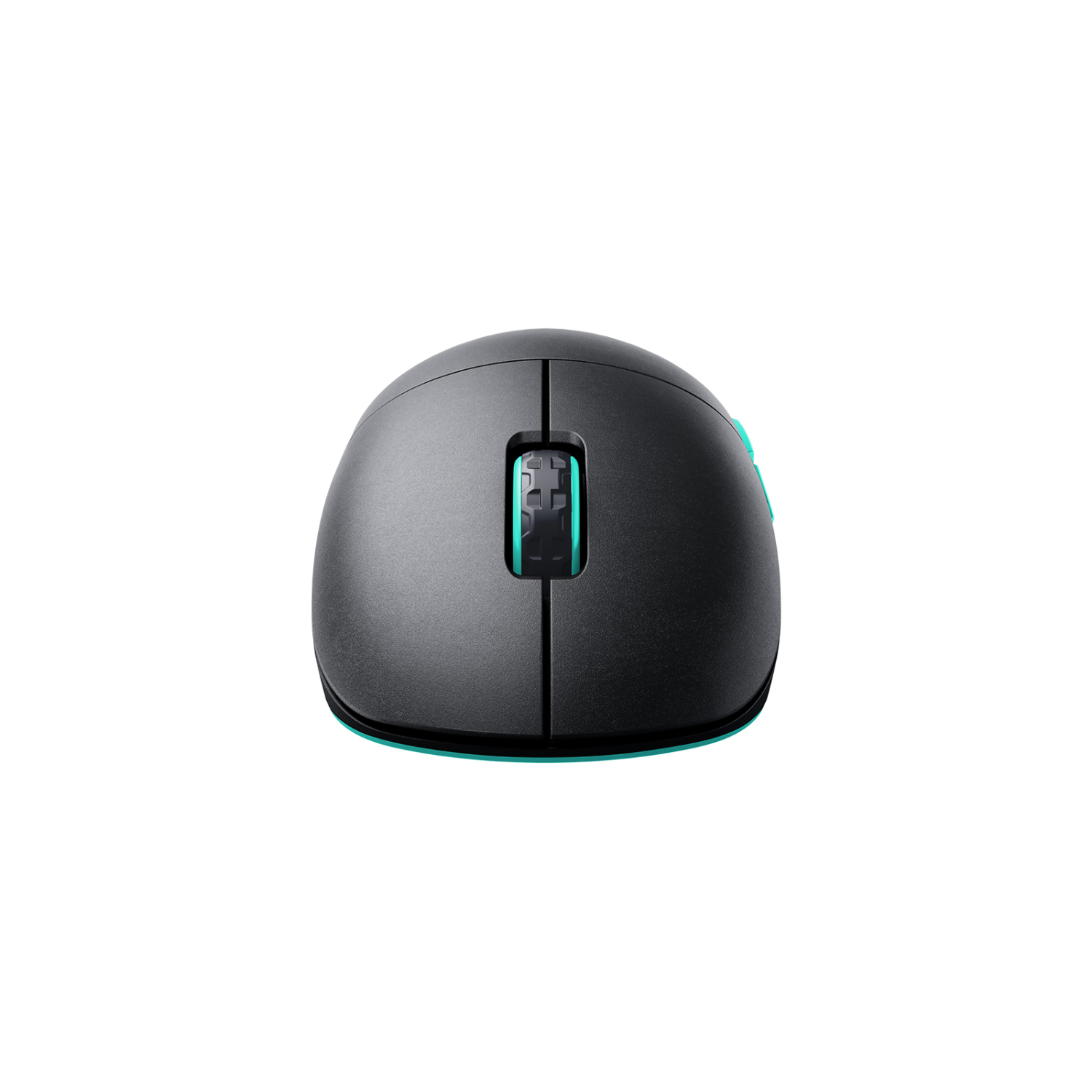 A black computer mouse with cyan accents on a white background. The mouse has a scroll wheel.