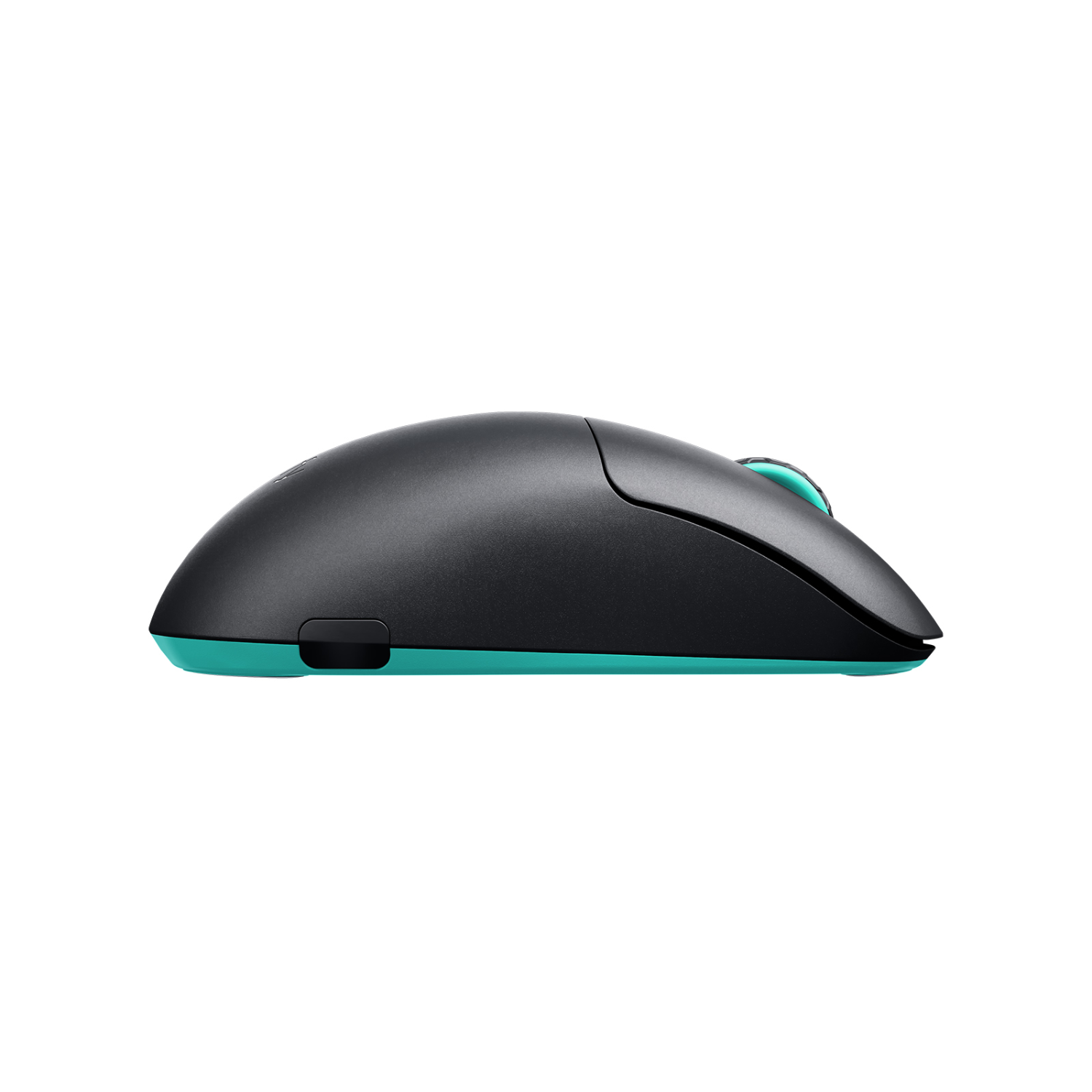 A black and teal wireless mouse on a white background.