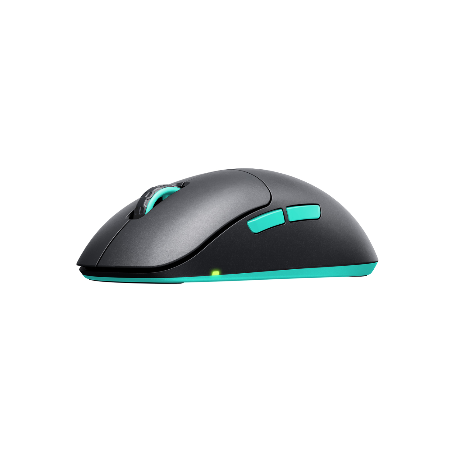 Gray and teal wireless mouse. Has teal side buttons and a teal scroll wheel. Green light on the bottom.