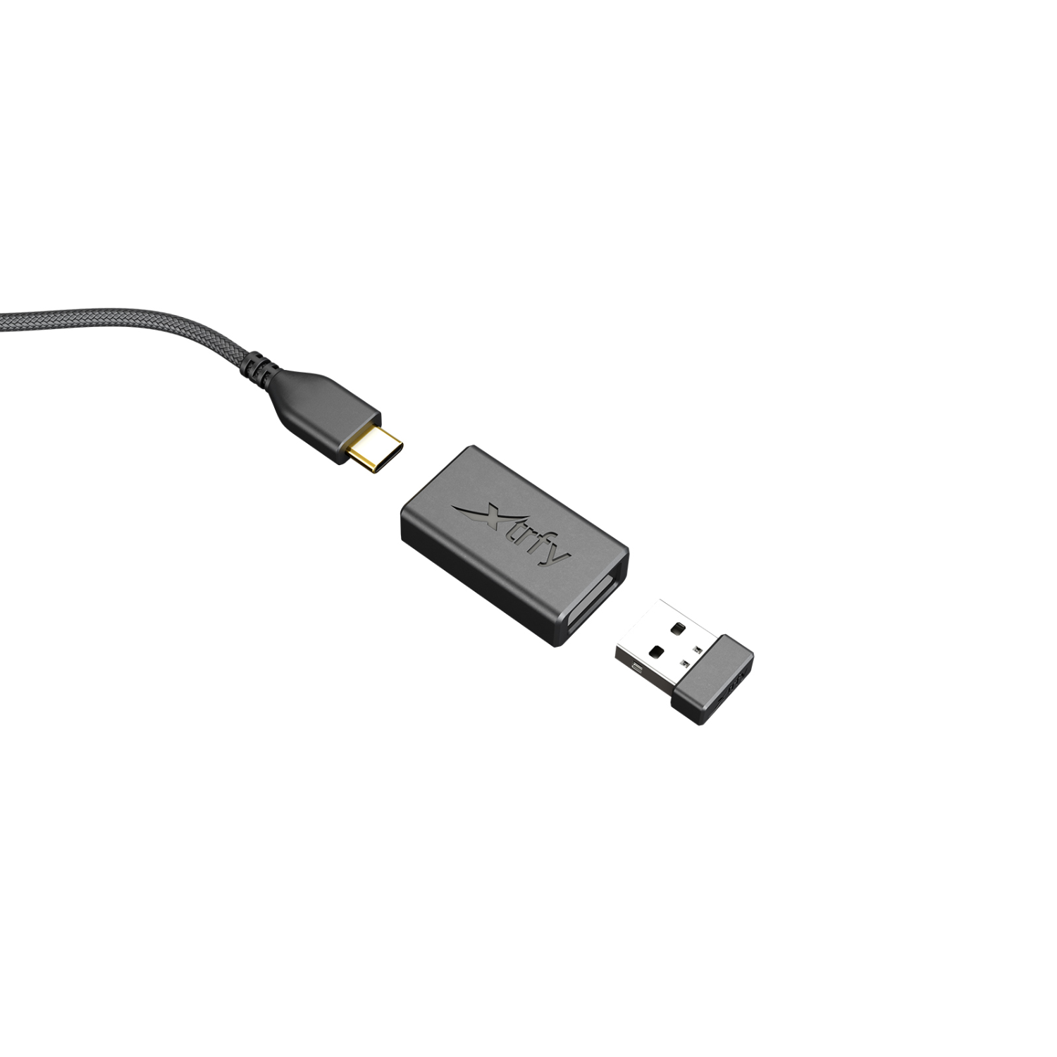 Black USB-C to USB adapter and a USB-A dongle, isolated against white background.