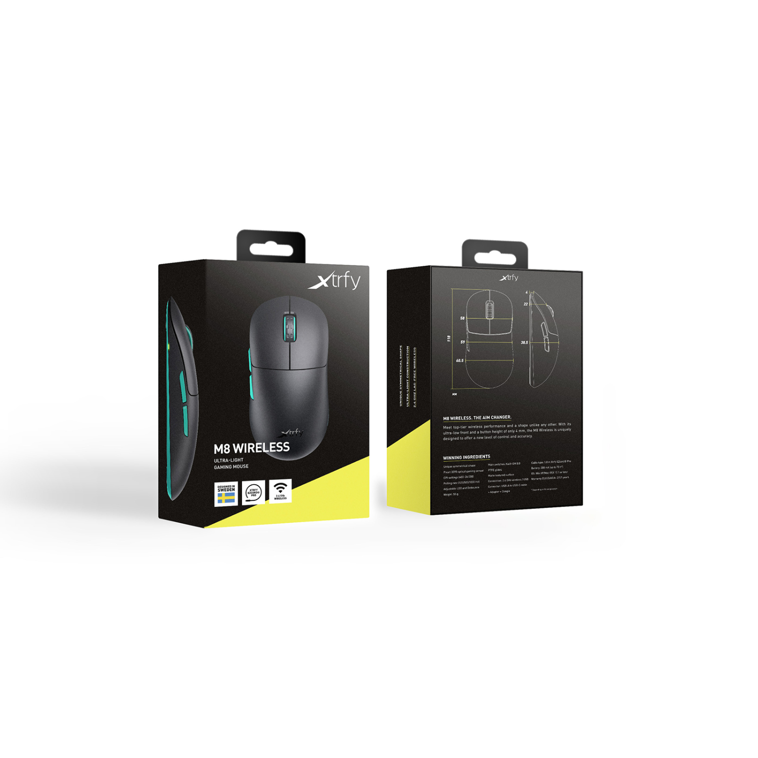 Two boxes with a wireless mouse. The mouse has a black body with teal accents. The background is white.