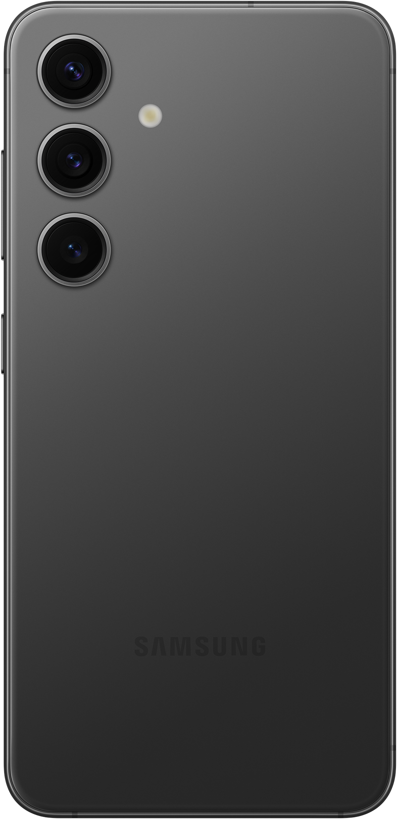 Sötétszürke telefon hátulja három kamerával és a SAMSUNG logóval.