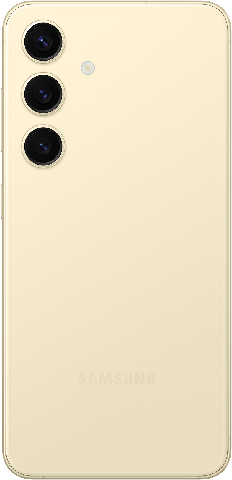 Krémszínű telefon hátlapja, három kamerával, vakuval és Samsung logóval.