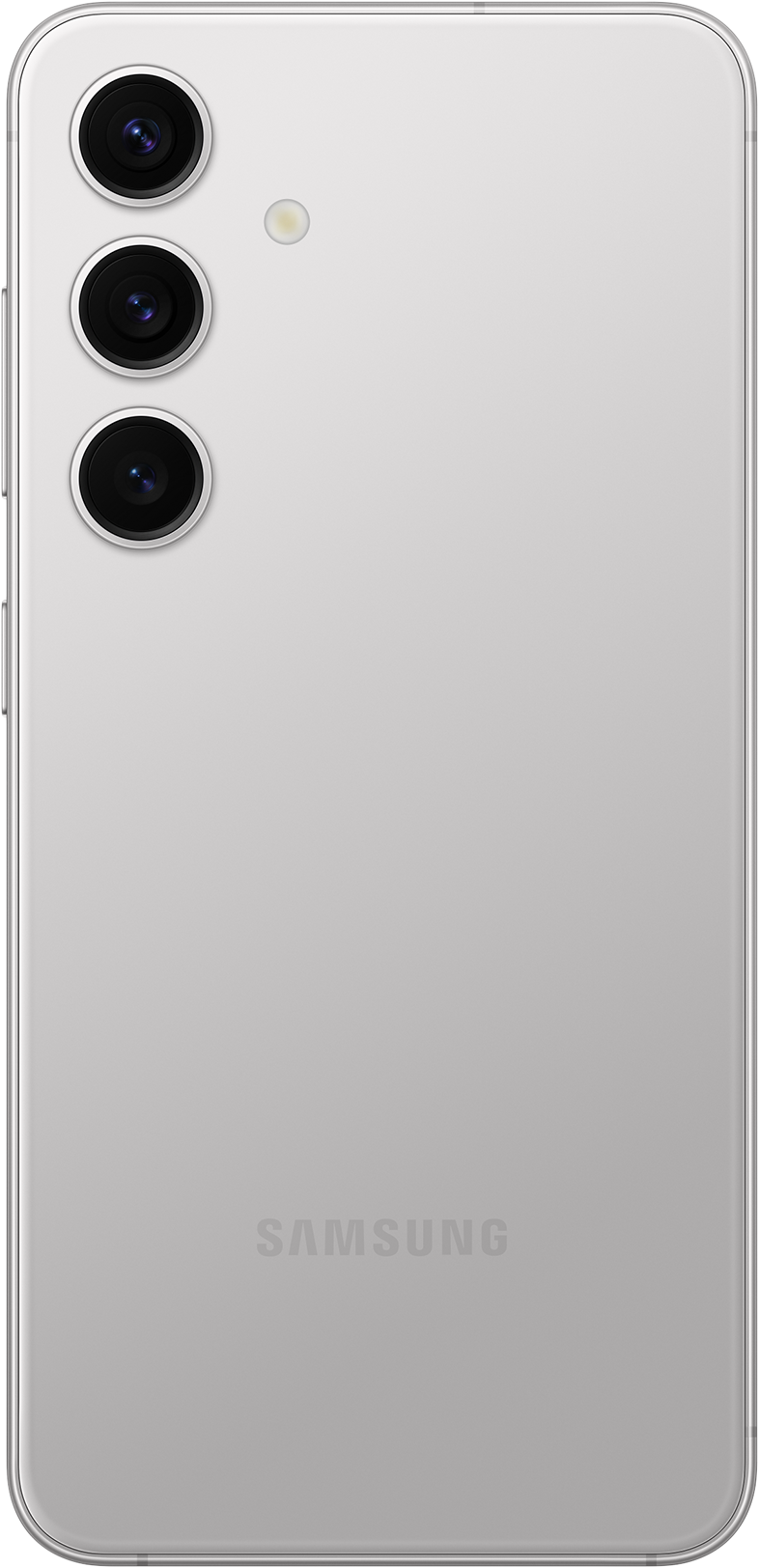 Egy ezüst Samsung telefon hátulja, három kamerával.