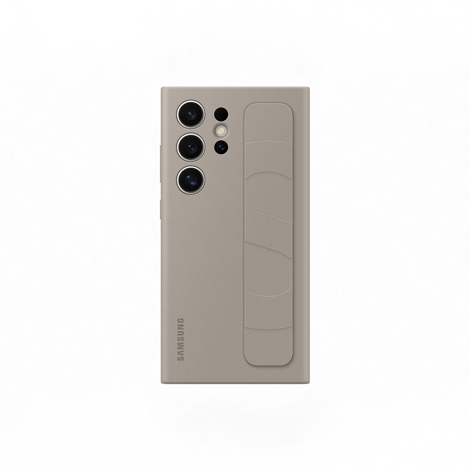 Una funda gris para teléfono con tres recortes para cámara y un agarre para dedos.