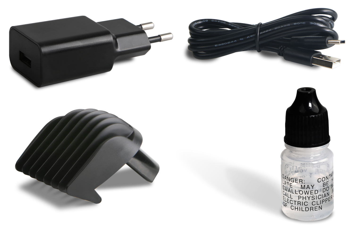 Válogatott cikkek: fekete töltő, USB kábel, hajvágó toldat, és egy kis üveg címkével.