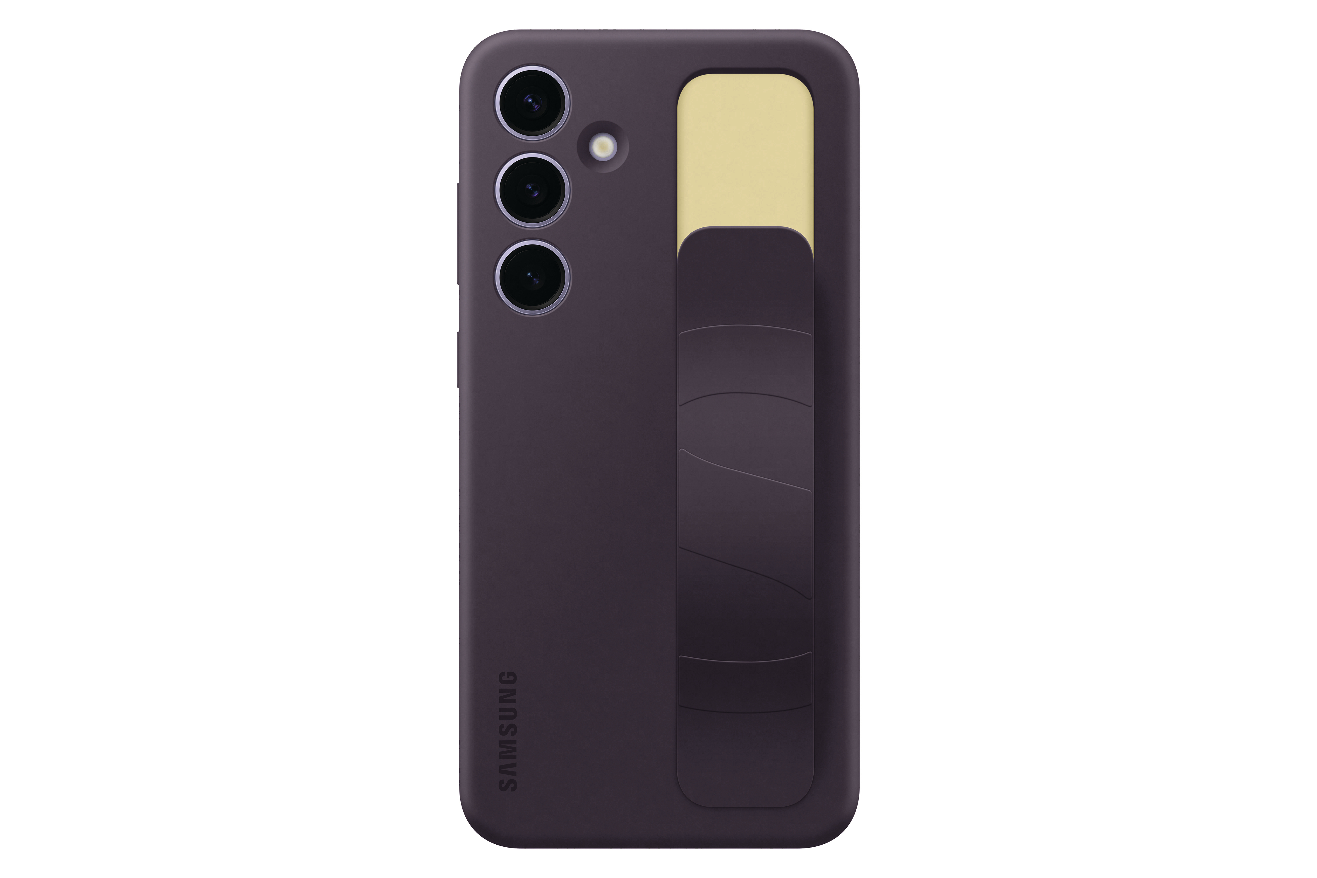 Lila Telefon mit goldenem Griff. Das Telefon ist in einer lila Hülle. Samsung-Logo unten.
