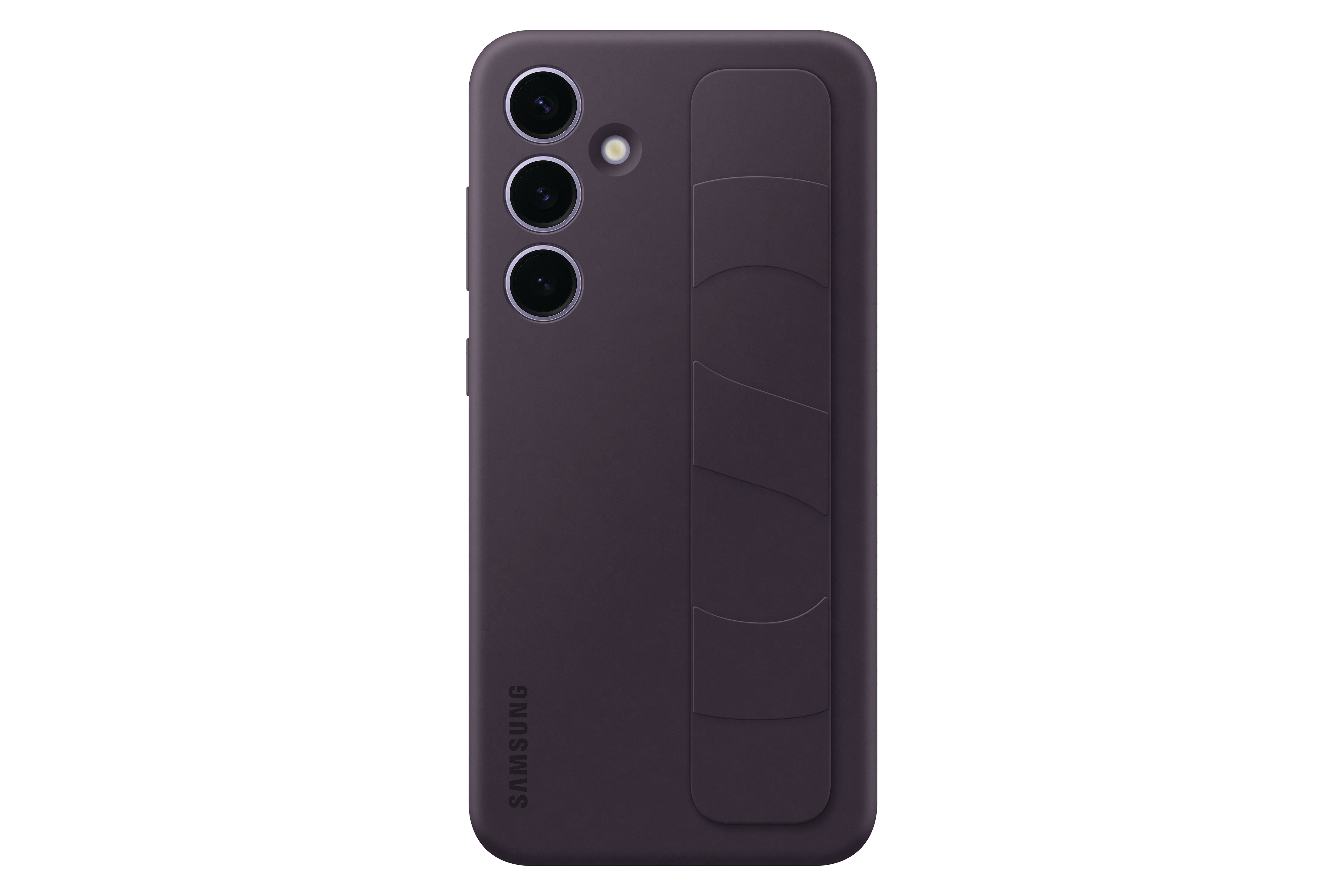 Violette Handyhülle mit Kameraausschnitten und Griff. Samsung-Logo sichtbar.