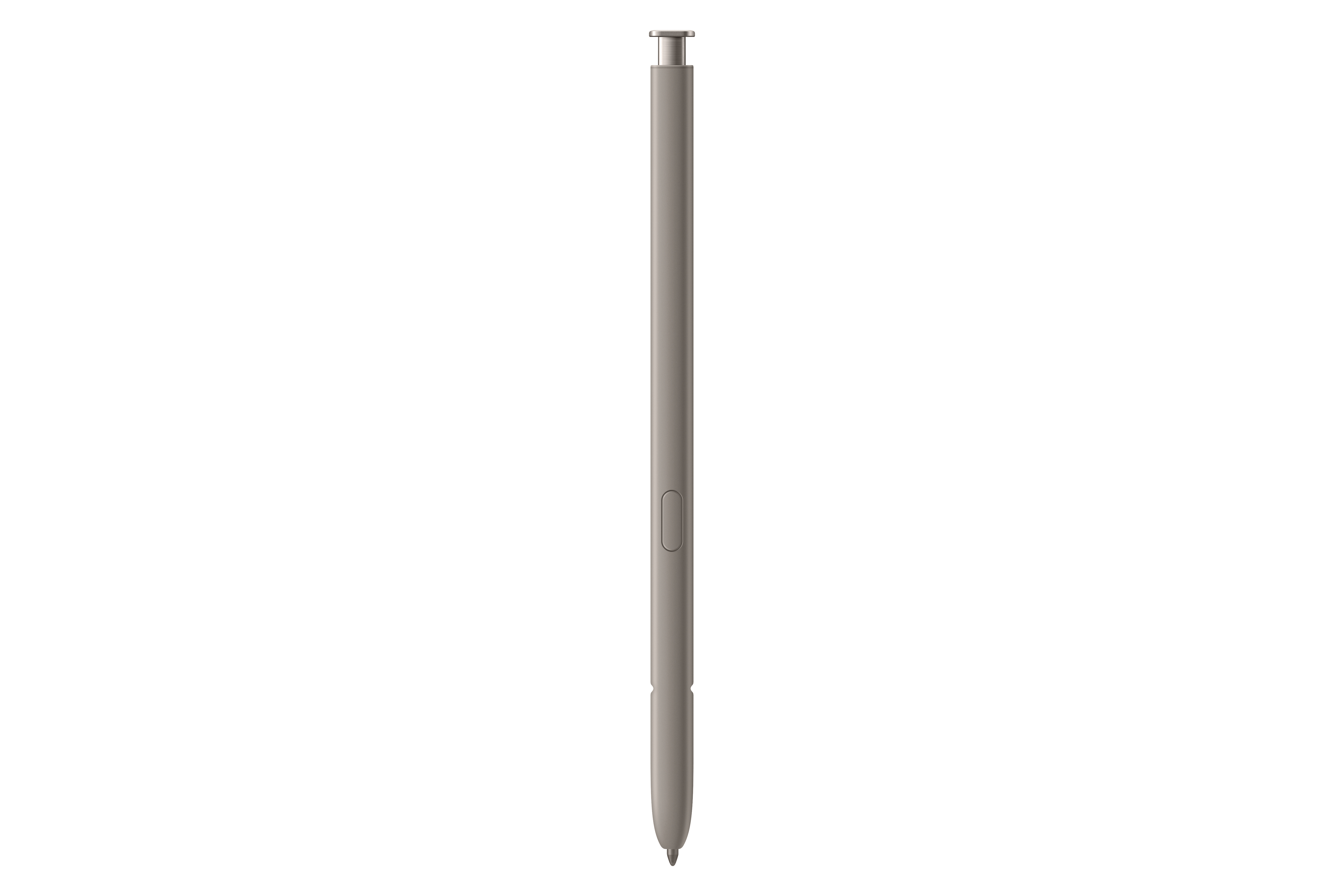 Ein Stylus-Stift mit grauem Gehäuse und schwarzer Spitze auf weißem Hintergrund.