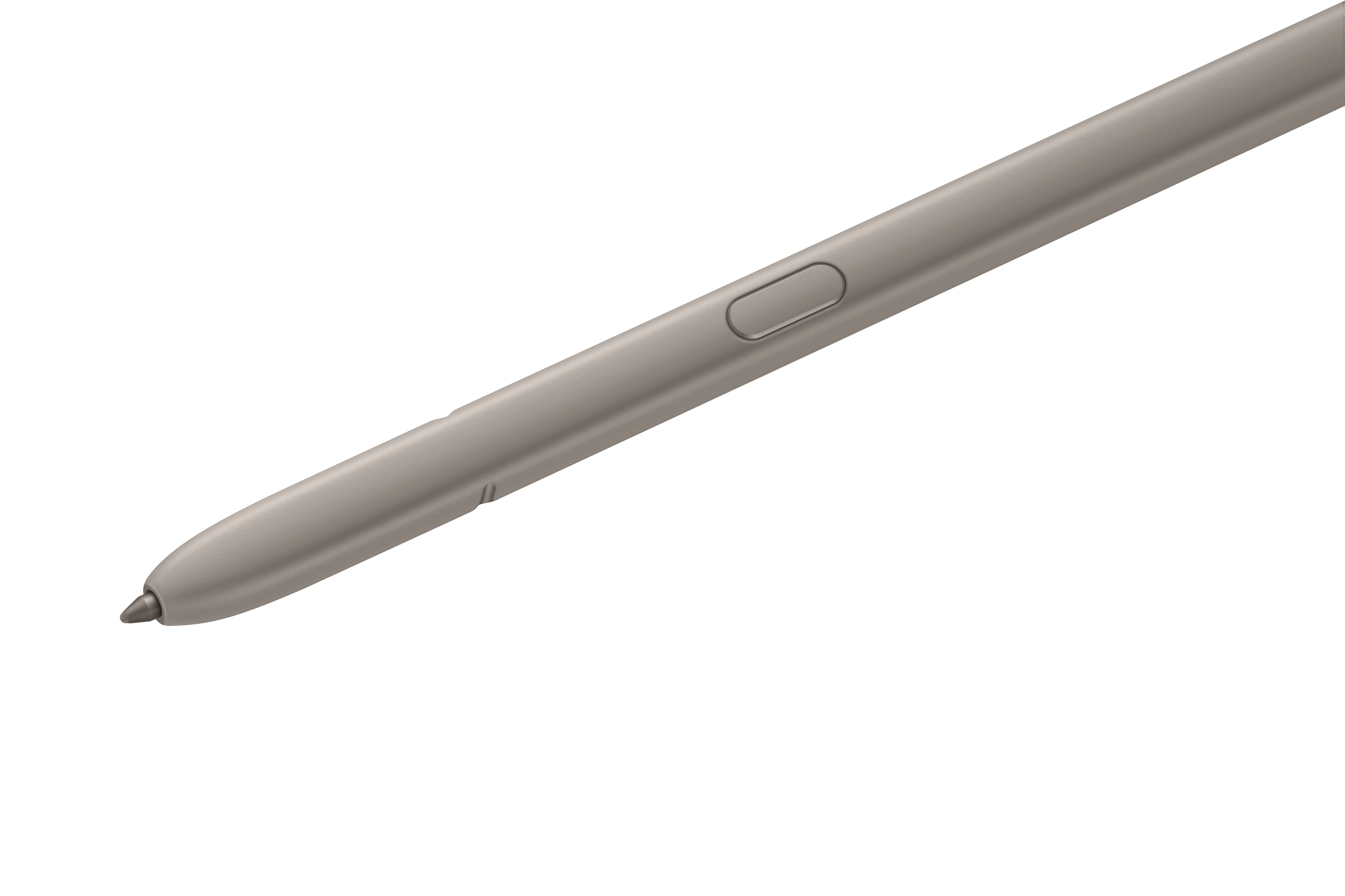 Ein hellgrauer Stylus-Stift mit einem Knopf.
