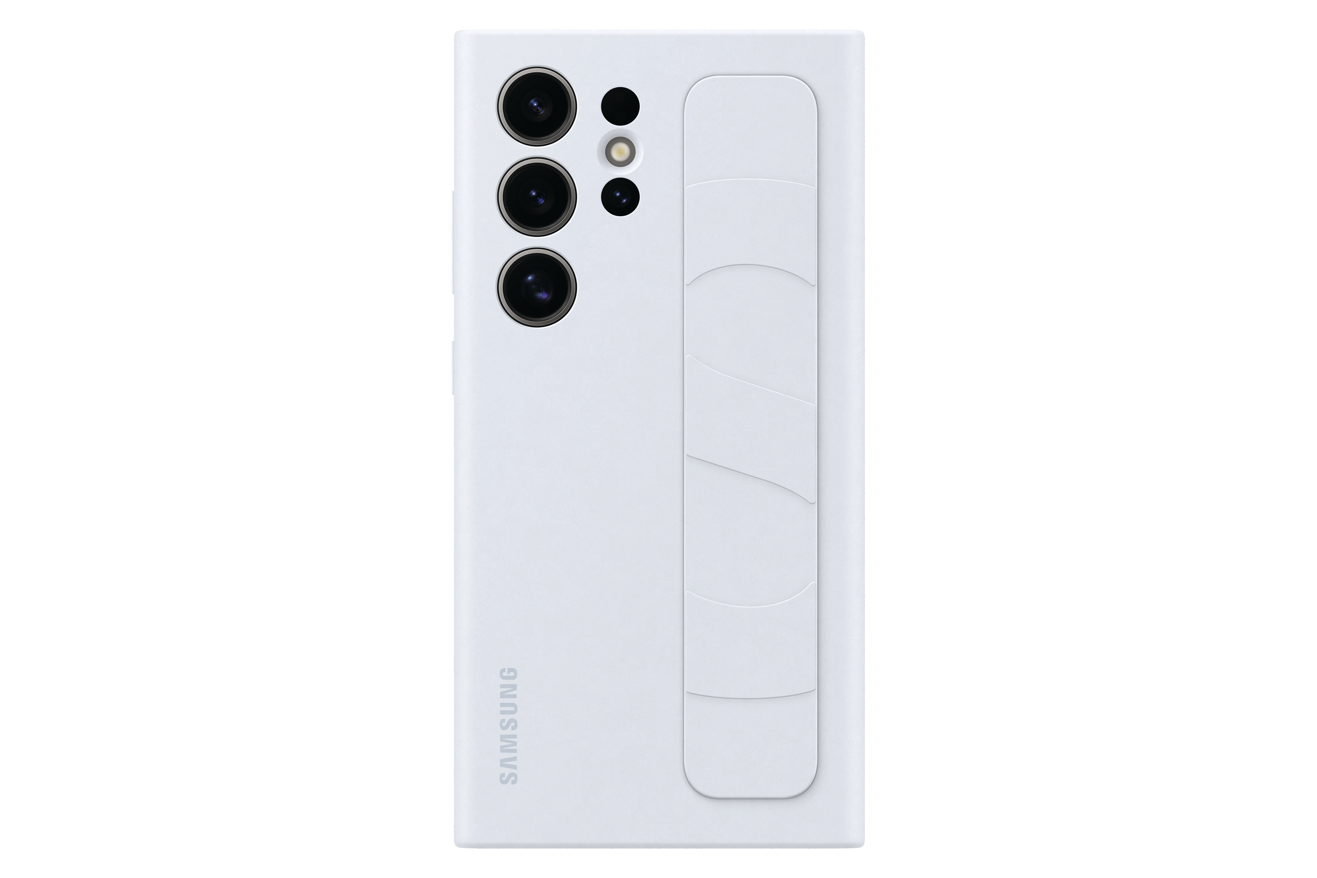 Eine weiße Handyhülle mit Ständer, die die Rückseite mit Kameras und dem Samsung-Logo zeigt.